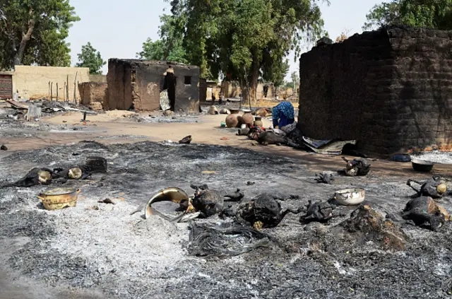 A woman looks through burnt livestocks and litters on the ground caused by Boko Haram Islamists at Mairi village outskirts of Maiduguri capital of northeast Borno State, on February 6, 2016