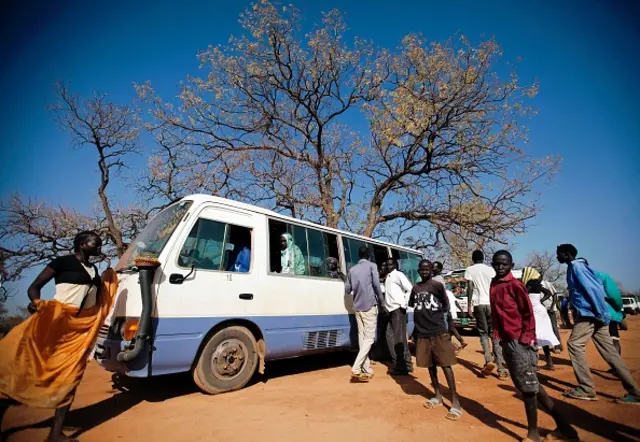 A bus departs from Ajuong Thok refugee camp in South Sudan, less than 100 kms away from the border with Sudan, on January 28, 2016.