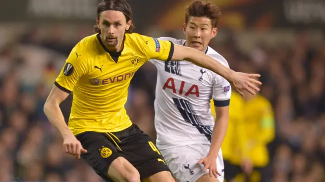 Dortmund's Neven Subotic holds off Son Heung-Min