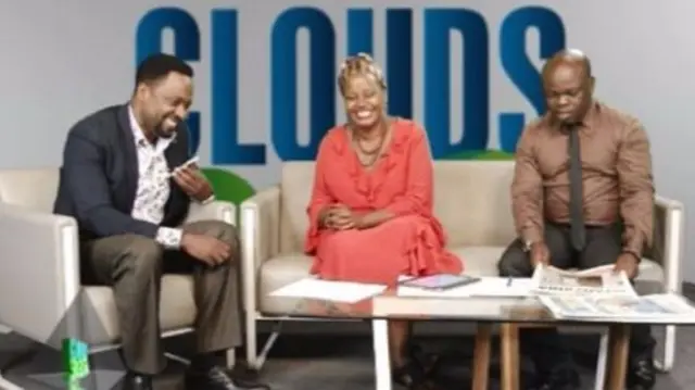 Clouds TV presenters from the left are Hudson Kamoga, Babbie Kabae, and Sam Sasali