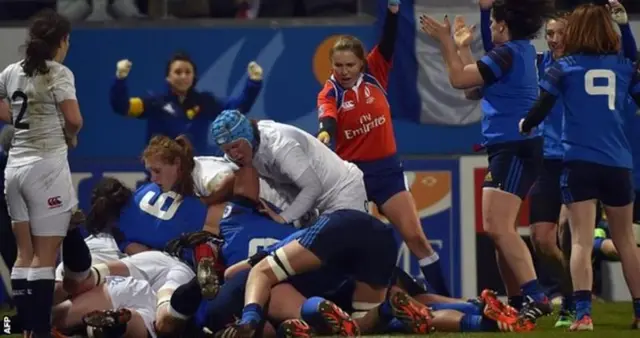 Gaelle Mignot scores France's first try just before half-time