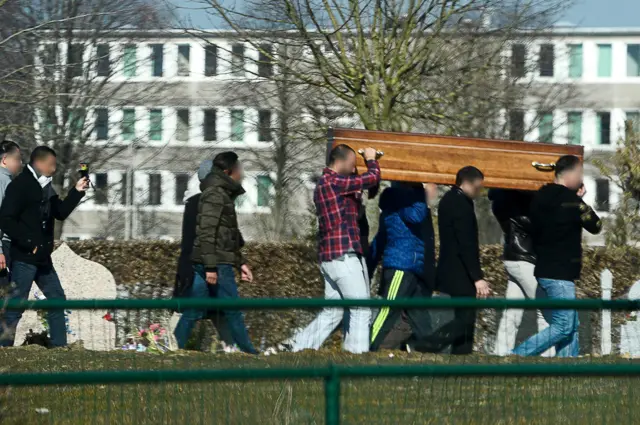 Relatives and friends carry the coffin of Brahim Abdeslam, one of the attackers of the November 13 Paris attacks,