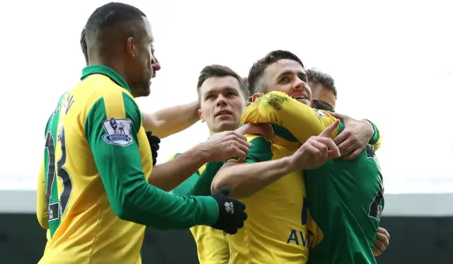 Norwich players celebrate Robbie Brady's winner