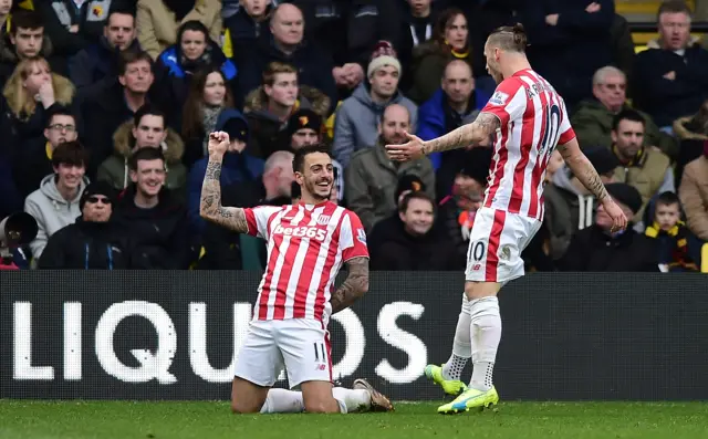 Joselu celebrates scoring Stoke's second goal