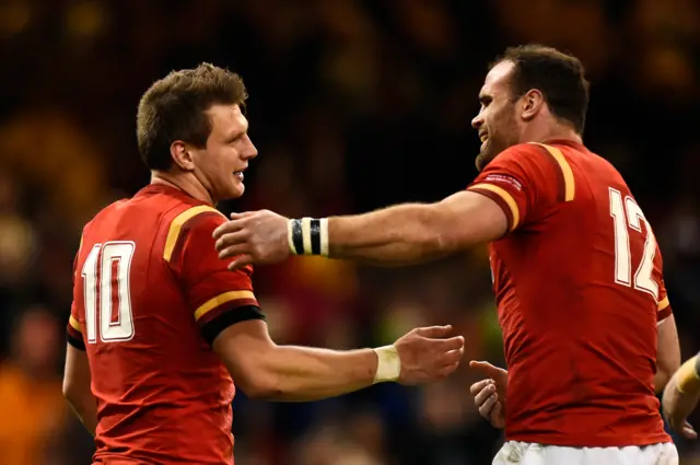 Dan Biggar and Jamie Roberts celebrate