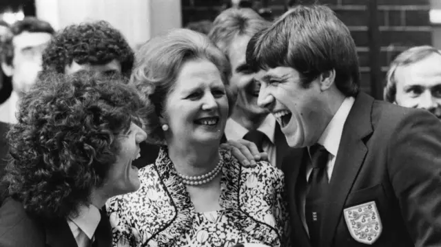 Margaret Thatcher with footballers