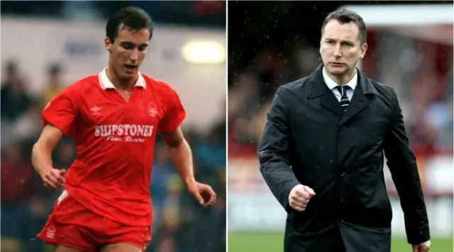 Darren Wassall playing for Nottingham Forest (left) and now head coach at Derby County