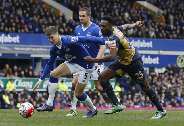 John Stones just holds off Danny Welbeck