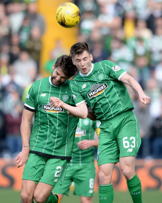 Celtic pair Charlie Mulgrew and Kieran Tierney go for the same ball.