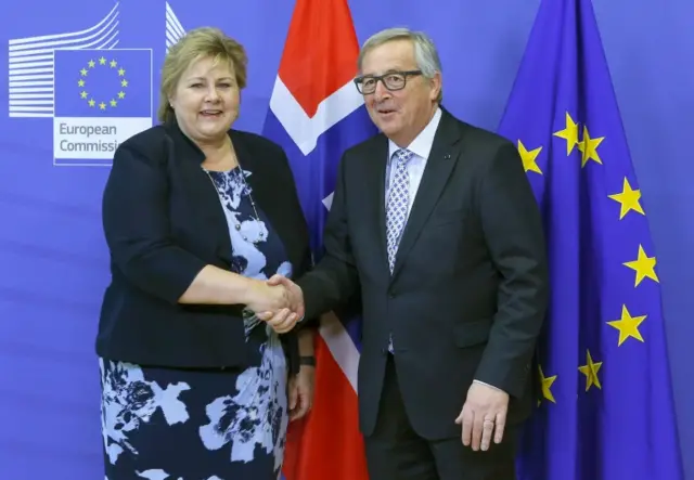 Norwegian prime minister Erna Solberg with European Commission President Jean-Claude Juncker