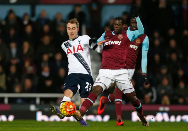 Christian Eriksen vies with midfielder Pedro Obiang