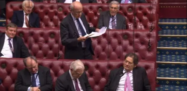 Lord Kerr (standing) speaking to the 'heirs to thatcher' on the bench in front (l-r) Lord Forsyth, Lord Lamont and Lord LAwson