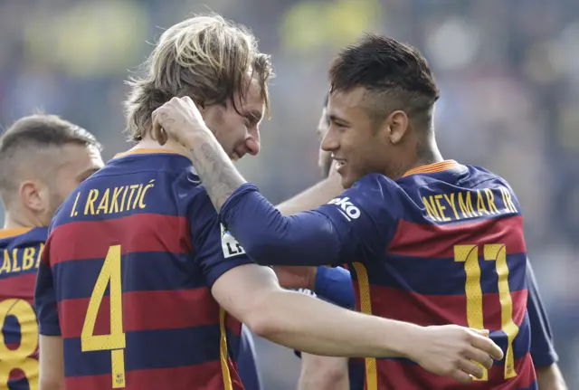 Ivan Rakitic celebrates with Neymar