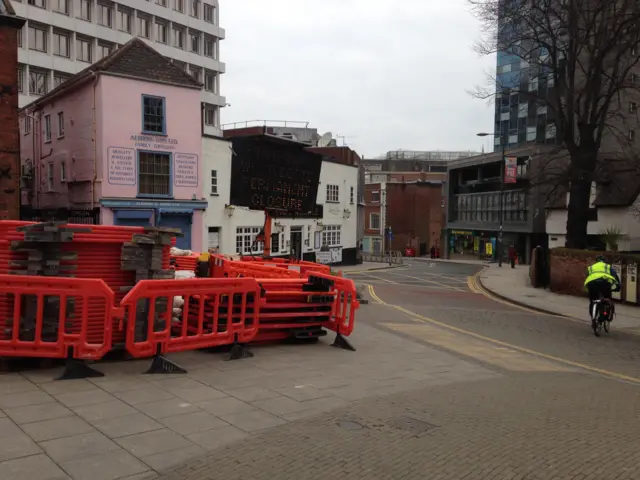 A view of Westlegate with no traffic and barriers waiting for installation