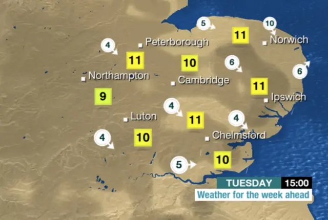 Weather chart for Tuesday afternoon, showing temperatures of 11C over Norfolk