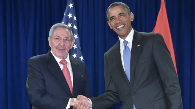 President Obama & President Castro shaking hands at the UN. Headquarters late last year.