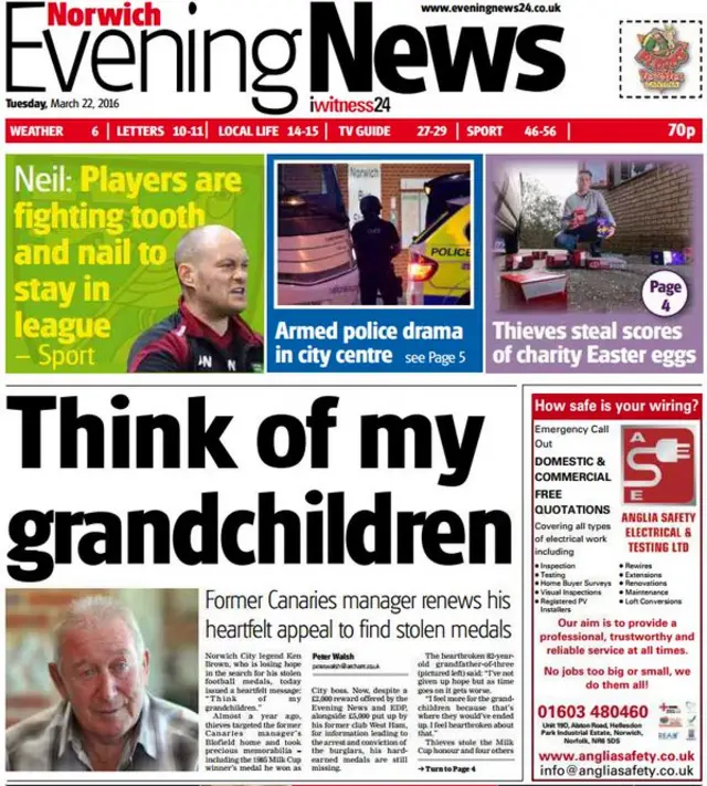 Front page of the Norwich Evening News