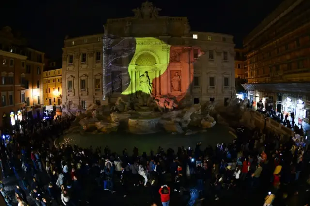 Belgian flag projected on to the Trevi Fountain in Rome