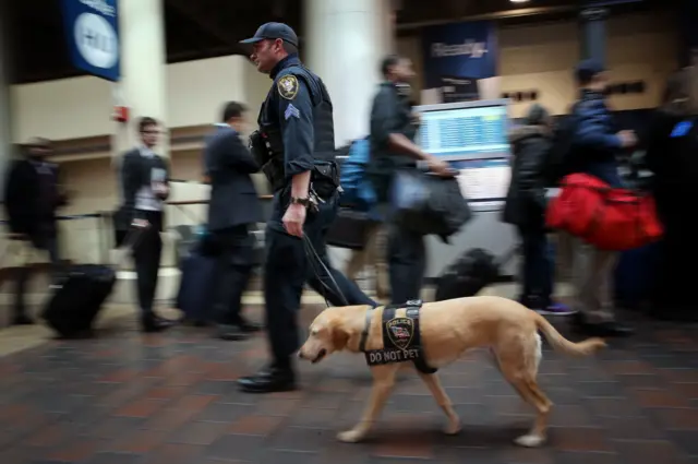 An Amtrak police K-9 unit patrols Union Station in Washington DC.