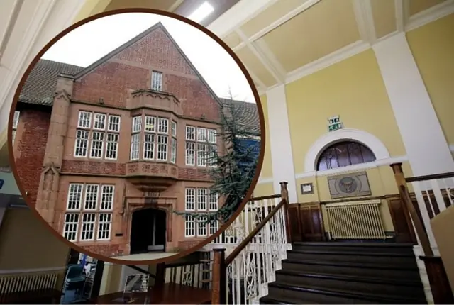 Main photo: The grand entrance hall to the Friary. The building (inset) is currently the home of Lichfield Library