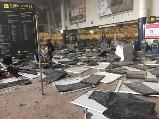 Picture taken with permission from the Facebook site of Jef Versele showing the aftermath of the explosions at Brussels airport.