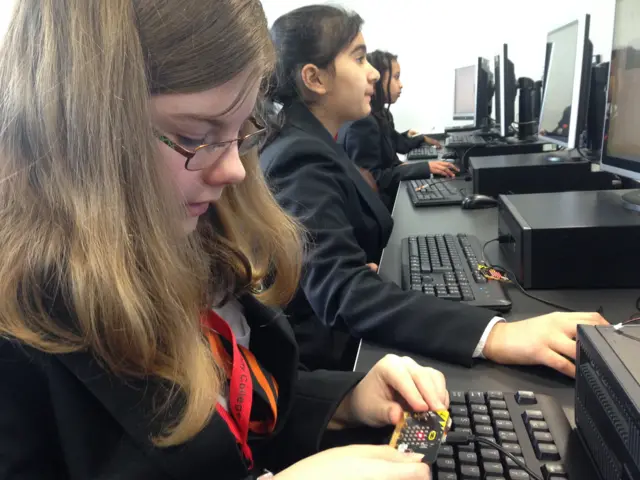 Children at Babington Community College with BBC Microbit