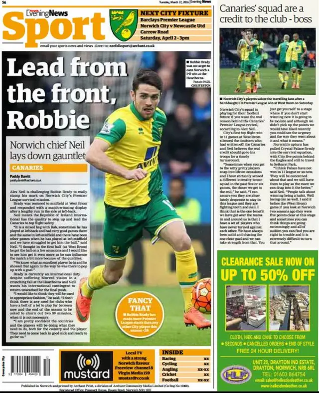 Back page of the Norwich Evening News