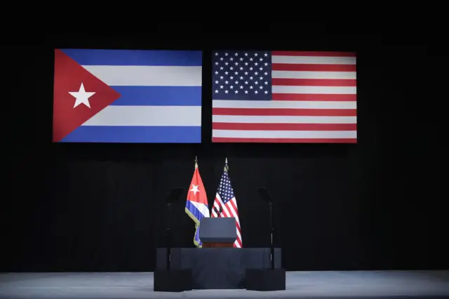 The stage is set with the flags of Cuba and America for U.S. President Barack Obama"s remarks at the Gran Teatro de la Habana Alicia Alonso in the Old Havana city center March 22, 2016 in Havana, Cuba