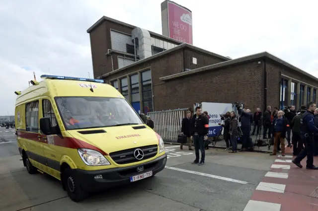 An ambulance arrives at Brussels Airport, in Zaventem, on March 22, 2016