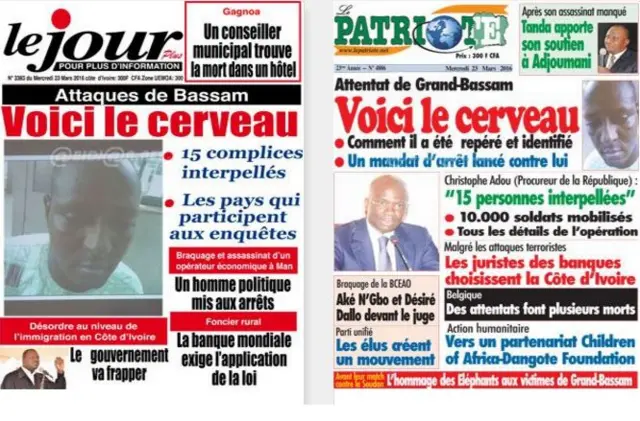 Screen grabs of front pages of Le Jour and Le Patriot