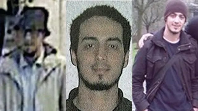 Image of the suspected third bomber (left) and police photos of Najim Laachraaoui (centre and right)