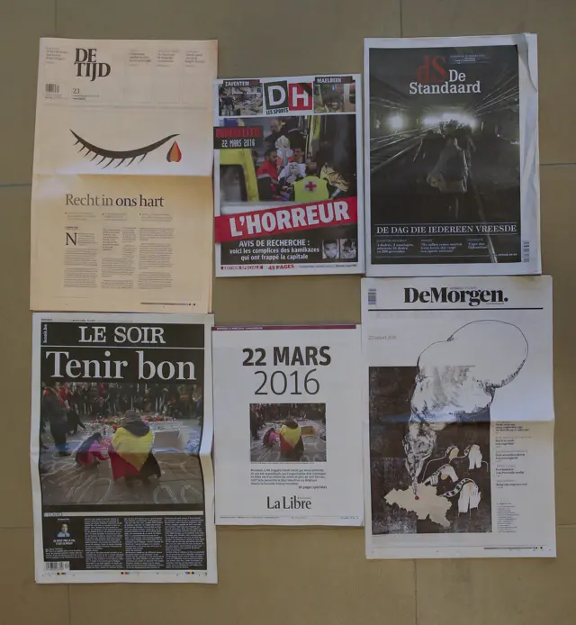 Front pages of Belgium newspapers on 23 March 2016