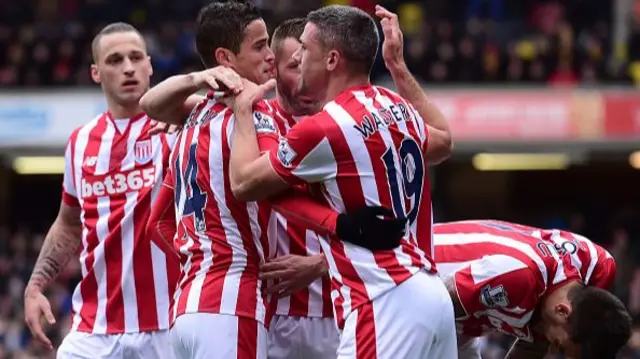 Stoke City players celebrate scoring against Watford