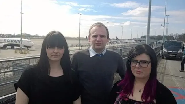 Andrew Bettridge at Brussels' South Charleroi Airport with friends Kirsty Squibb and Vikki Singleton