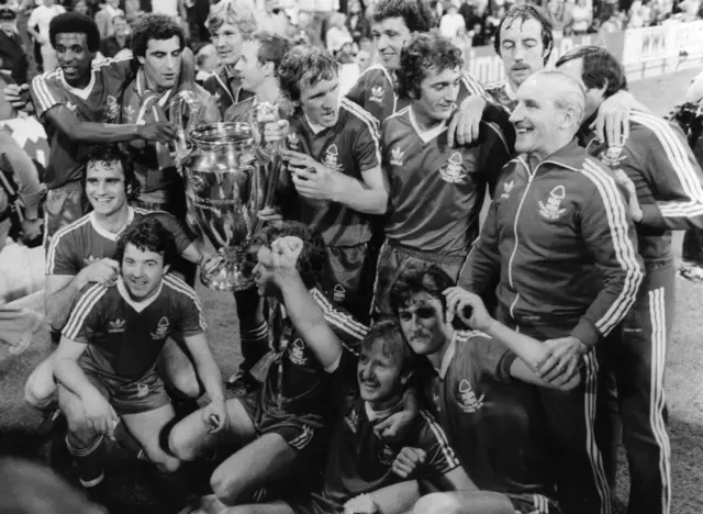 Nottingham Forest celebrate with the European Cup trophy