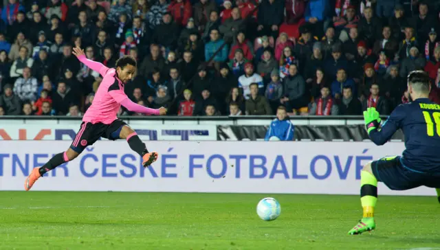 Scotland's Ikechi Anya cracks home the opening goal of the match.