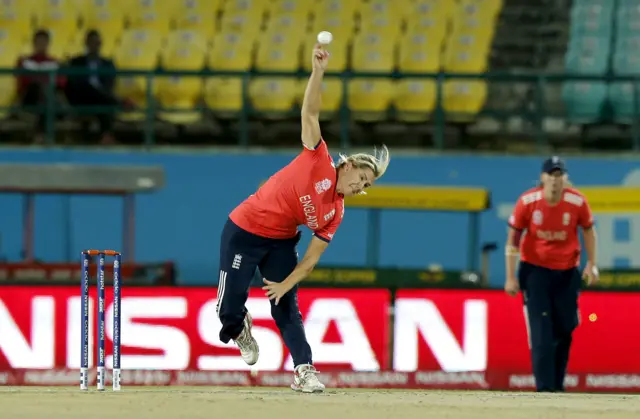 England Women's Katherine Brunt bowling