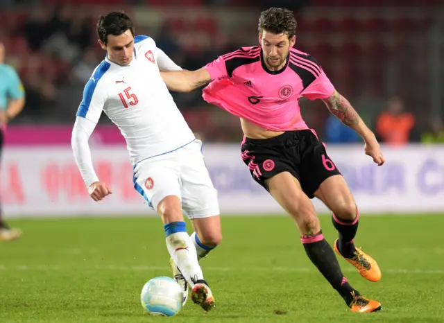 Kamil Vacek vies for possession with Scotland's Mr Versatile, Charlie Mulgrew.