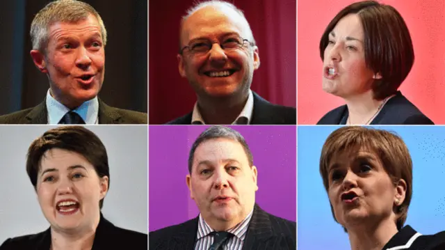 The first of the two BBC leader debates will feature [from top left] Willie Rennie (Scottish Lib Dems); Patrick Harvie (Scottish Greens); Kezia Dugdale (Scottish Labour); Ruth Davidson (Scottish Tories); David Coburn (UKIP Scotland) and Nicola Sturgeon (SNP)