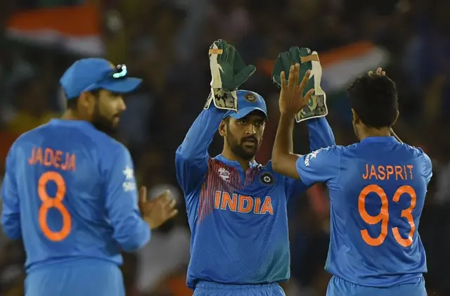 Jasprit and Jadeja celebrate with MS Dhoni