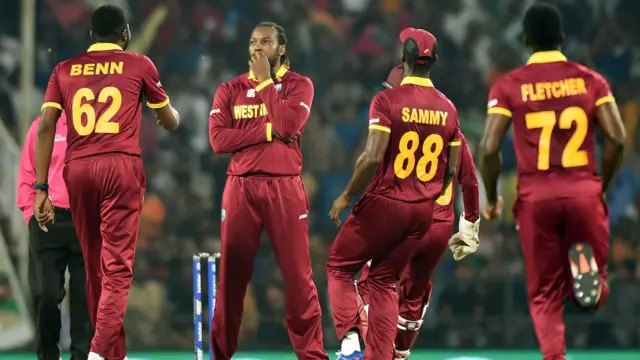 Chris Gayle celebrates a wicket