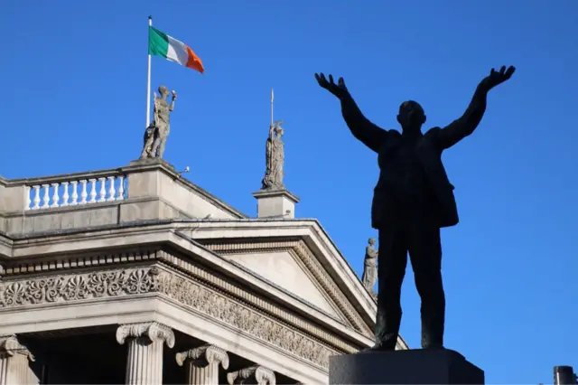 An Irish tricolour flies above the GPO in Dublin