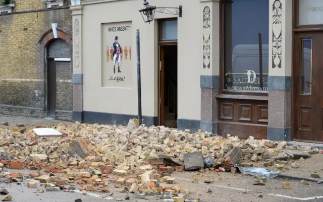 Rubble at the Duchess Pub in Battersea after roof is damaged