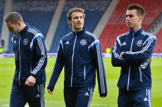 Denmark players, including Celtic defender Erik Sviatchenko (centre) have a walk out on the Hampden pitch