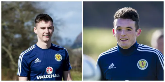 Celtic full-back Kieran Tierney (left) and Hibs midfielder John McGinn