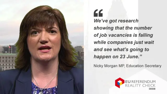 Nicky Morgan saying: "We've got research showing that the number of vacancies is falling while companies just wait and see what's going to happen on 23 June."