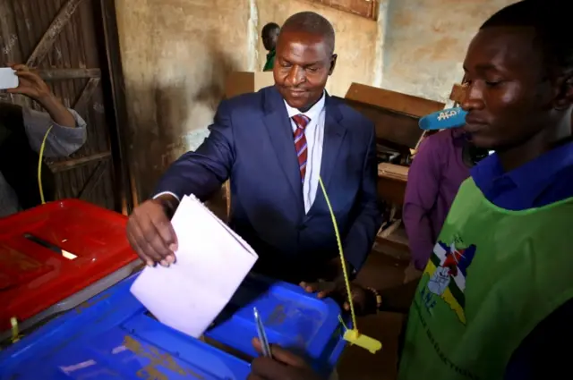 Faustin-Archange Touadera votes during the second round of presidential and legislative elections in Bangui, Central African Republic, February 14, 2016