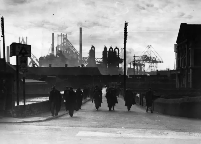 Workers leaving the shift at the newly-formed Steel Company of Wales in Port Talbot in 1949