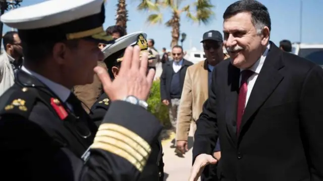 Unity government PM Fayez Sarraj and his colleagues arrived at a naval base in Tripoli