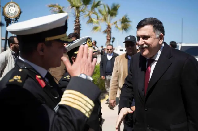 Unity government PM Fayez Sarraj and his colleagues arrived at a naval base in Tripoli